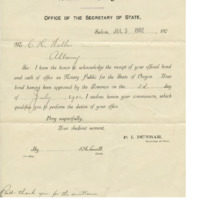 Letter awarding Cyrus Walker his commission as a notary public