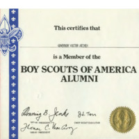 Certificate recongizing Atiyeh as a member of the Boy Scouts of America Alumni