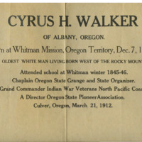 Flier on Cyrus Walker, possibly advertising a speech in Culver, Oregon